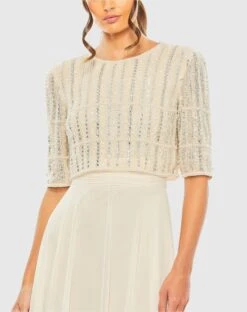 Chiffon Gown W/ Fully Beaded 1/4 Sleeve Top -Fashion Dress Shop 9180 Nude CL