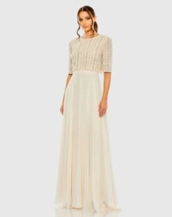 Chiffon Gown W/ Fully Beaded 1/4 Sleeve Top
