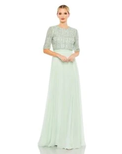 Chiffon Gown W/ Fully Beaded 1/4 Sleeve Top -Fashion Dress Shop 9180 SAG Default 1 WS