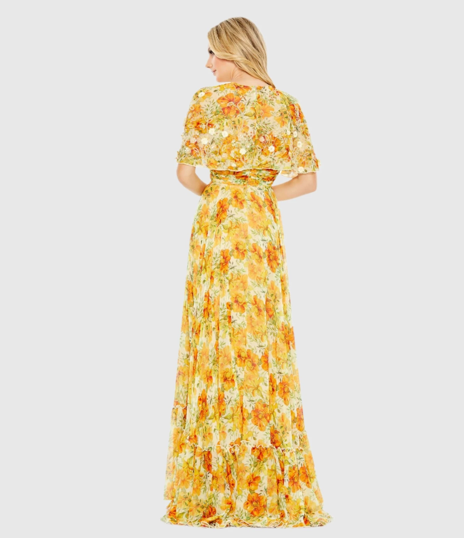 Floral Print High Neck Cape Sleeve A Line Gown 2 Floral Print High Neck Cape Sleeve A Line Gown - Image 2