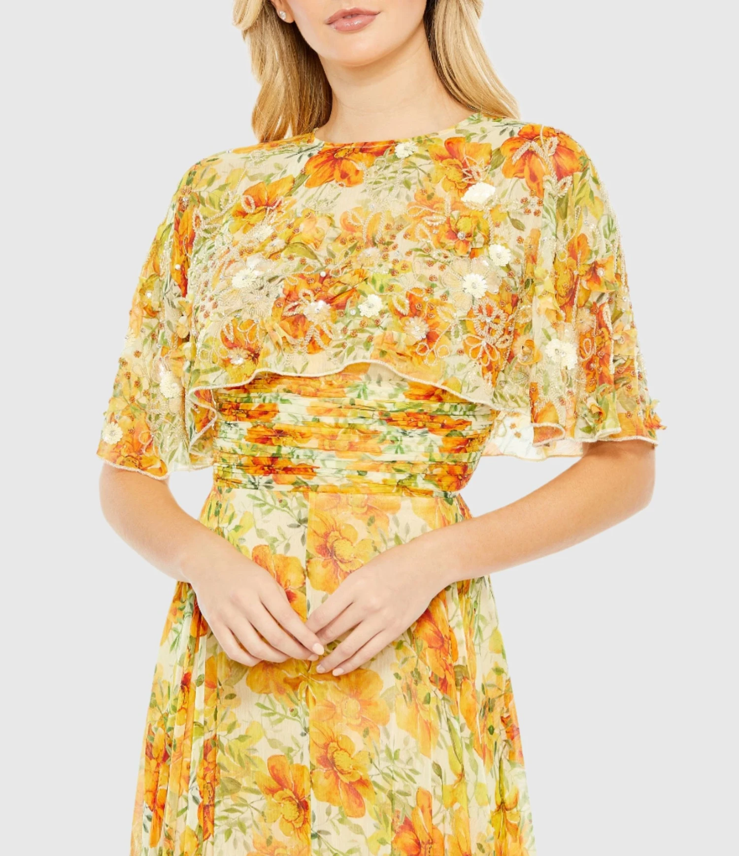 Floral Print High Neck Cape Sleeve A Line Gown 3 Floral Print High Neck Cape Sleeve A Line Gown - Image 3