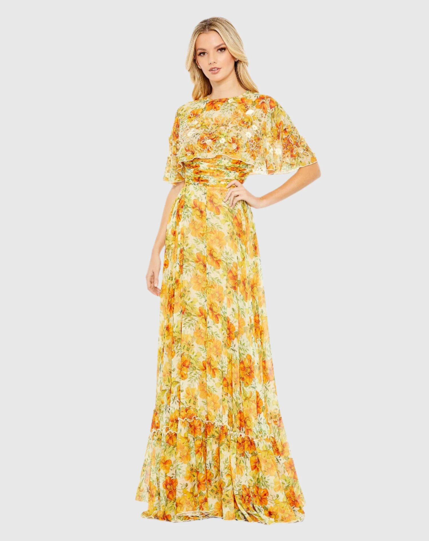 Floral Print High Neck Cape Sleeve A Line Gown 1 Floral Print High Neck Cape Sleeve A Line Gown