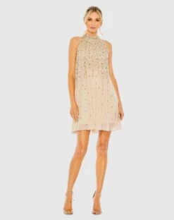 High Neck Sleeveless Sequin Embellished Trapeze A Line Dress -Fashion Dress Shop 9225 BEI Default 1 WS