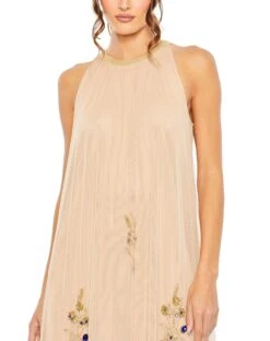 High Neck Floral Embellished Trapeze Gown -Fashion Dress Shop 9232 NudeGold CL