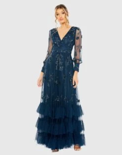 Mesh Long Sleeve V Neck Tiered A Line Gown