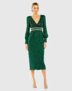 Sequined V Neck Bishop Sleeve Dress -Fashion Dress Shop 93593 Emerald AB scaled