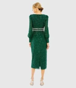Sequined V Neck Bishop Sleeve Dress -Fashion Dress Shop 93593 Emerald BK scaled
