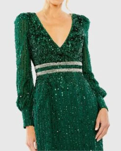 Sequined V Neck Bishop Sleeve Dress -Fashion Dress Shop 93593 Emerald CL