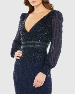 Sequined V Neck Bishop Sleeve Dress -Fashion Dress Shop 93593 Midnight CL scaled