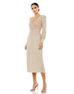 Sequined V Neck Bishop Sleeve Dress -Fashion Dress Shop 93593 Nude AB scaled