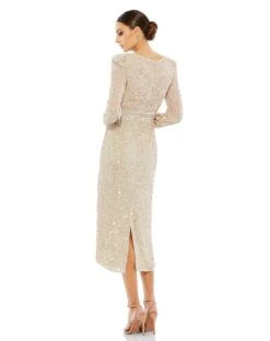 Sequined V Neck Bishop Sleeve Dress -Fashion Dress Shop 93593 Nude BK scaled