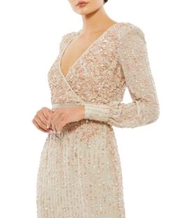 Sequined V Neck Bishop Sleeve Dress -Fashion Dress Shop 93593 Nude CL scaled