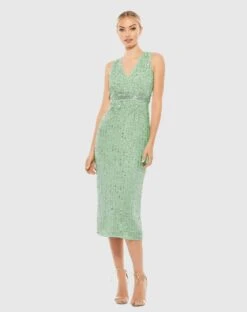 Sequined Sleeveless V-Neck Midi Sheath Dress -Fashion Dress Shop 93606 Sage AB
