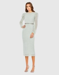 Long Sleeve Puff Sleeve Beaded Midi Dress -Fashion Dress Shop 93622 Mint AB scaled