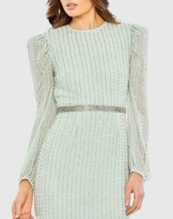 Long Sleeve Puff Sleeve Beaded Midi Dress -Fashion Dress Shop 93622 Mint CL scaled