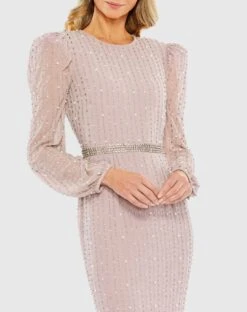 Long Sleeve Puff Sleeve Beaded Midi Dress -Fashion Dress Shop 93622 VintageLilac CL scaled