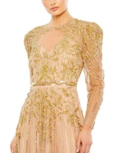 Beaded Illusion Puff Sleeve Gown -Fashion Dress Shop 93638 NudeGold CL scaled