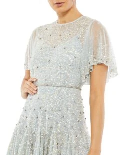 Cape Sleeve Beaded Tea Length A-line Dress -Fashion Dress Shop 93655 PowderBlue CL