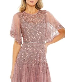 Cape Sleeve Beaded Tea Length A-line Dress -Fashion Dress Shop 93655 Rosewood CL