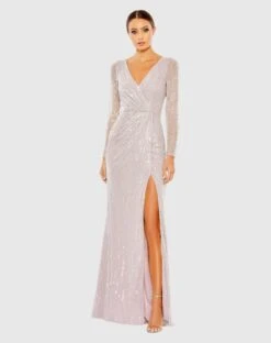 Sequined Faux Wrap Long Sleeve Gown -Fashion Dress Shop 93660 Lavender AB
