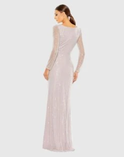 Sequined Faux Wrap Long Sleeve Gown -Fashion Dress Shop 93660 Lavender BK