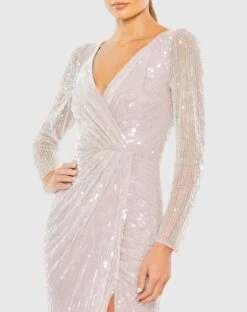 Sequined Faux Wrap Long Sleeve Gown -Fashion Dress Shop 93660 Lavender CL