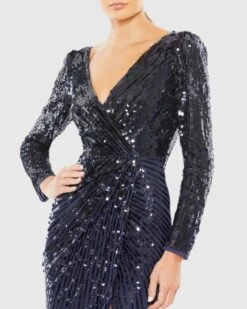 Sequined Faux Wrap Long Sleeve Gown -Fashion Dress Shop 93660 Midnight CL
