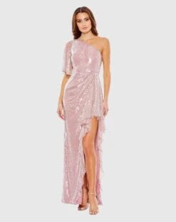 Sequined Flutter Sleeve One Shoulder Draped Gown