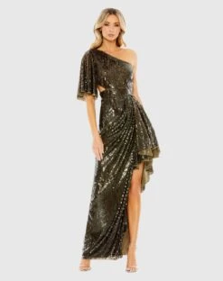 Sequined Flutter Sleeve One Shoulder Draped Gown -Fashion Dress Shop 93662 Olive AB scaled