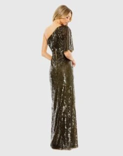 Sequined Flutter Sleeve One Shoulder Draped Gown -Fashion Dress Shop 93662 Olive BK scaled