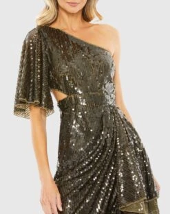 Sequined Flutter Sleeve One Shoulder Draped Gown -Fashion Dress Shop 93662 Olive CL