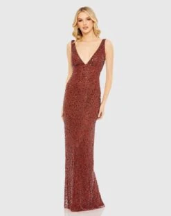Sequined, Sleeveless, V-neck, Back Slit Gown
