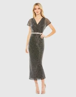 Beaded, Wrap V-neck, Short Sleeve Dress