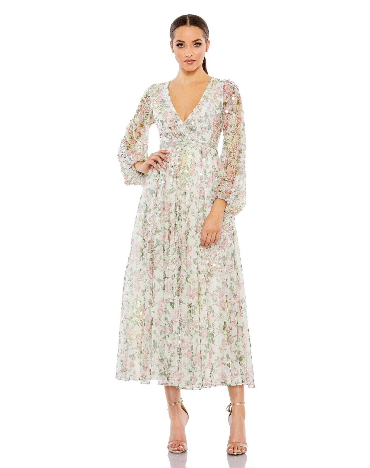 Embellished Floral Print Faux Wrap A Line Dress 1 Embellished Floral Print Faux Wrap A Line Dress