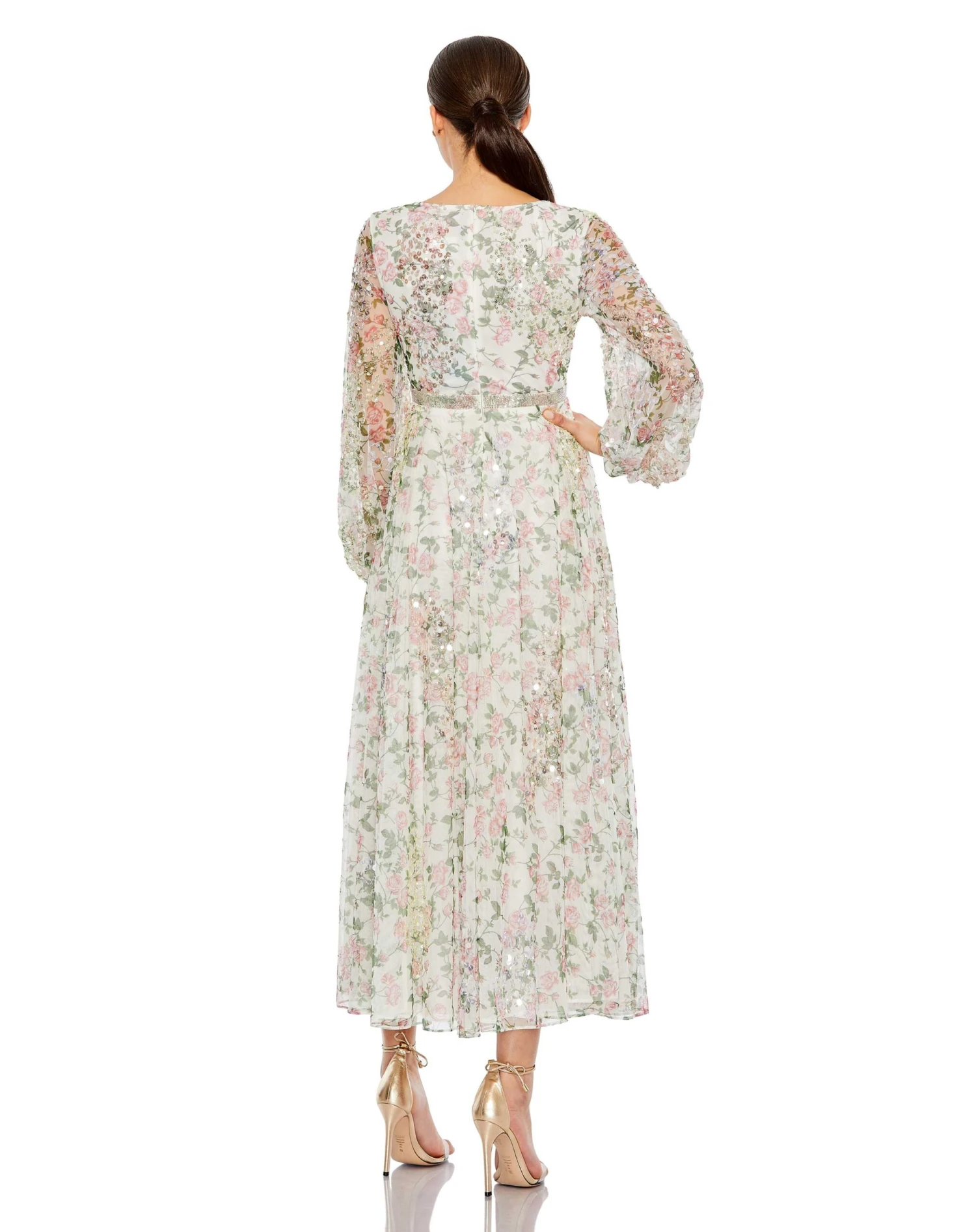 Embellished Floral Print Faux Wrap A Line Dress 2 Embellished Floral Print Faux Wrap A Line Dress - Image 2
