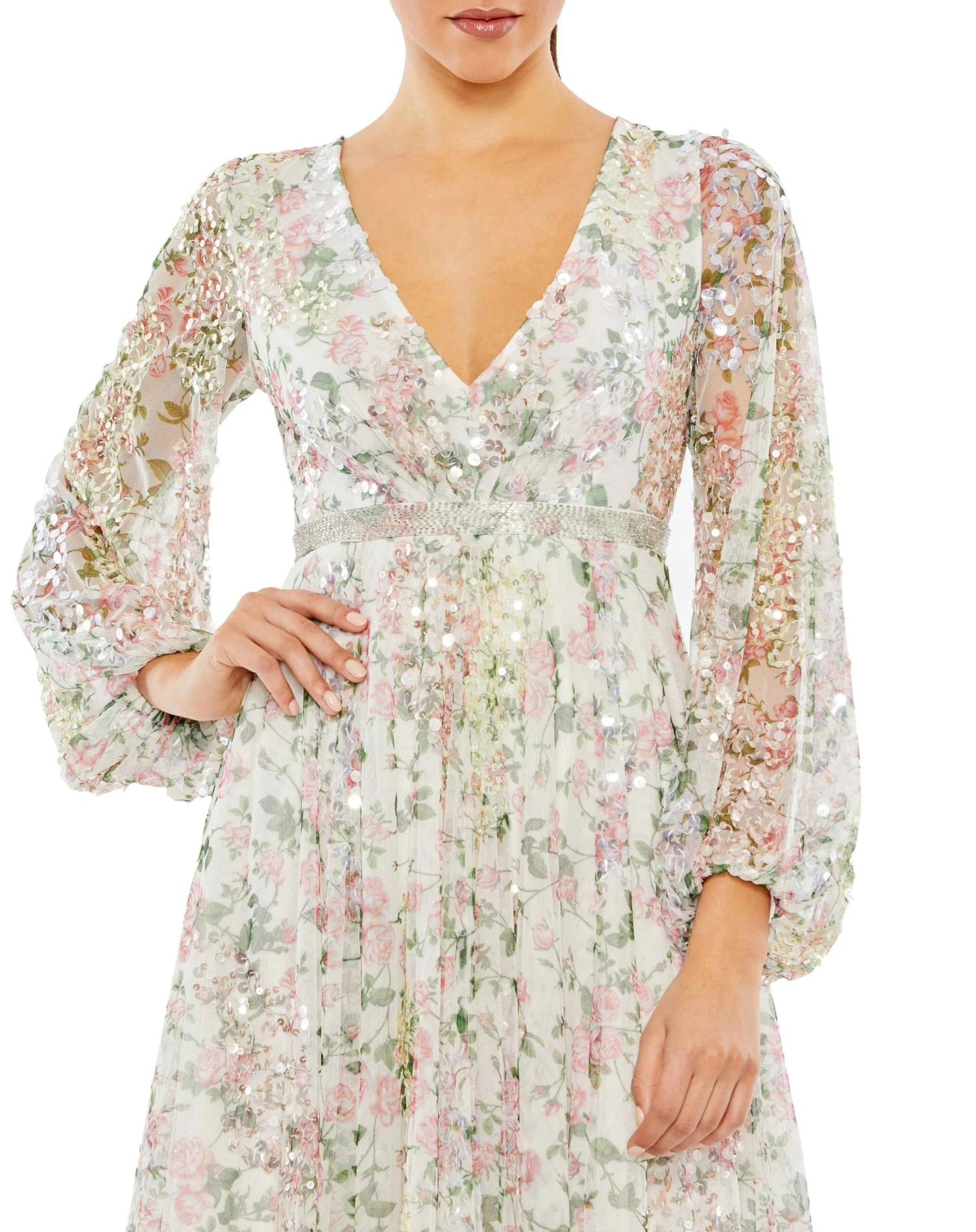 Embellished Floral Print Faux Wrap A Line Dress 3 Embellished Floral Print Faux Wrap A Line Dress - Image 3
