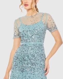High Neck Short Sleeve Sequin Embellished Gown -Fashion Dress Shop 93909 SlateBlue CL
