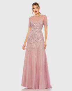High Neck Short Sleeve Sequin Embellished Gown -Fashion Dress Shop 93909 ROW Default 1 WS