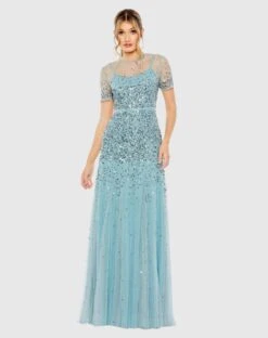 High Neck Short Sleeve Sequin Embellished Gown