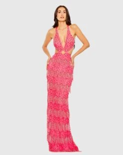 Open Back Cut Out Fringe Embellished Gown