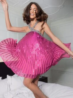 High Neck Open Back Embellished Trapeze Dress -Fashion Dress Shop lifestyle 10996 hotpink 1 scaled