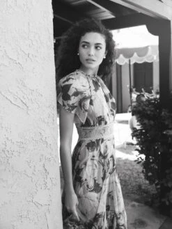 Floral Chiffon High Neck Flutter Sleeve Dress -Fashion Dress Shop lifestyle 11400 bluemulti 2 scaled