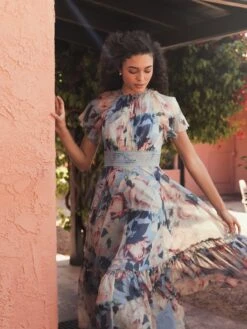 Floral Chiffon High Neck Flutter Sleeve Dress -Fashion Dress Shop lifestyle 11400 bluemulti 3 scaled