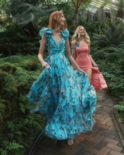 One Shoulder Long Sleeve Floral Embellished Gown -Fashion Dress Shop lifestyle 2204 peachmulti 3