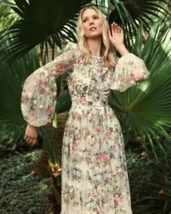 High Neck Floral Embroidered Puff Sleeve Gown -Fashion Dress Shop lifestyle 3516 iIvory 1