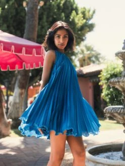 Pleated Halter Neck Flowy Mini Trapeze Dress -Fashion Dress Shop lifestyle 49636 ocean 1 scaled