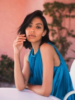 Pleated Halter Neck Flowy Mini Trapeze Dress -Fashion Dress Shop lifestyle 49636 ocean 3 scaled