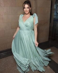 Iridescent Polka Dot Soft Tie Sleeveless Gown (Plus) -Fashion Dress Shop lifestyle 68120 sage 1