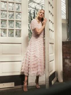 High Neck Short Sleeve Tiered Ruffle A Line Dress 13 High Neck Short Sleeve Tiered Ruffle A Line Dress -Fashion Dress Shop lifestyle 8055 rose 1 1 scaled